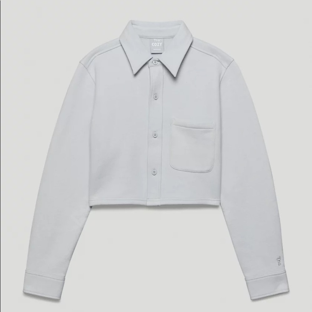 TNA Cozy Fleece Boyfriend Cropped Button-Up, Mirror Blue